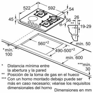 Placa Balay Gas Mixta 3ETG667HB. Medidas.